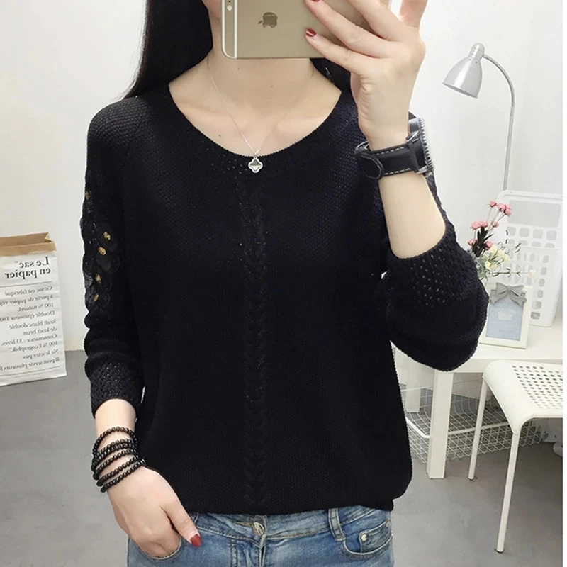 Spring Korea Style Lace Out Chic Thin Knitted Sweater Women Autumn Pullover Sweater Basic Shirt Tops Casual Sweater