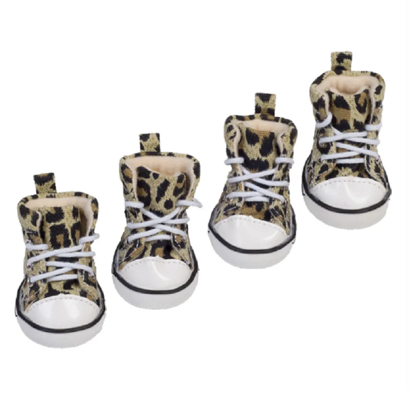 4pcs/set Winter Fashion Lacing Puppy Shoes Leopard Canvas Dog Shoes For Small Dogs Anti-slip Dog Sneaker Soft Bottom Dog Booties