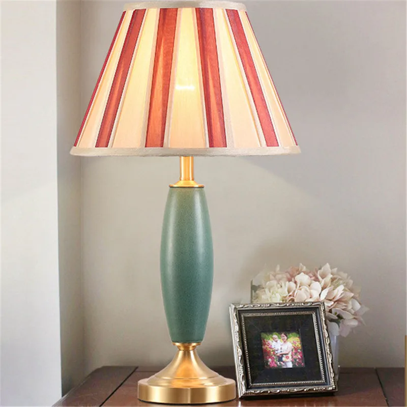 Mediterranean Striped Lampshade Ceramic Table Lamp For BedRoom Bedside Living Room Foyer Study Desk Reading Night Light 190133