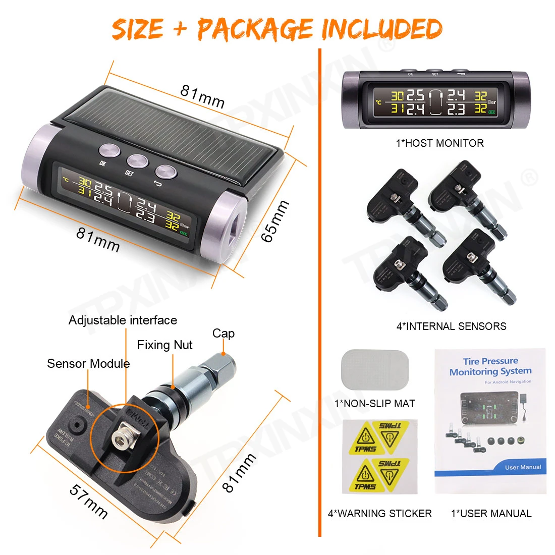 Internal and external Car TPMS Tyre Pressure Monitoring System Solar Power Digital LCD Display Security Alarm