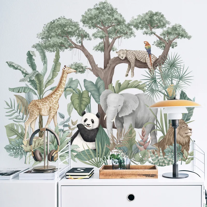 Big Nordic Jungle Animals Wall Stickers for Kids Rooms Boys Room Bedroom Decoration Elephant Giraffe Plants Wallpaper Posters