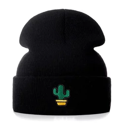 Cactus Embroidery Cotton Casual Beanies for Men Women Knitted Winter Hat Solid Color Hip-hop Skullies Hat Unisex Cap