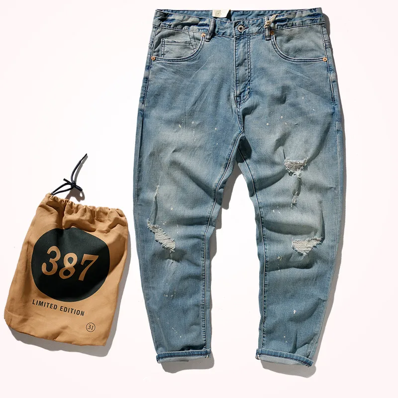 2021 Spring and Summer New Men's Fashion Light Blue Thin Denim Jeans Slim Washed Old Holes Elastic Pencil Pants with Cloth Bags