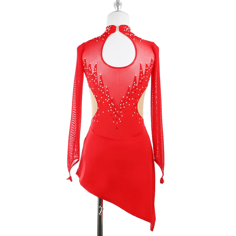 Custom Figure Skating Dress Red Cheongsam Ice Skating Clothes Shiny Rhinestones For Girl And  Woman