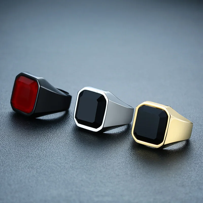 Vnox Casual Men Ring Red CZ Stone Square Top Stainless Steel Gold Color Daily Male Alliance Jewelry Size