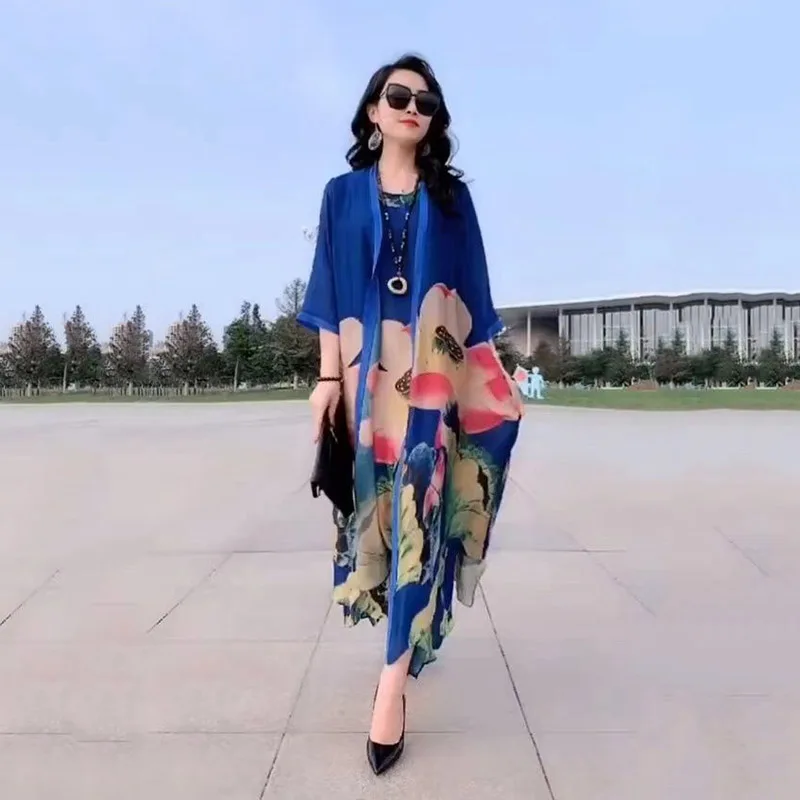 Silk Dress Set women New Summer Fashion Clothing Vintage Lady Dresses Spring Elegant Mother Print Cardigan 2 Piece Dress Female