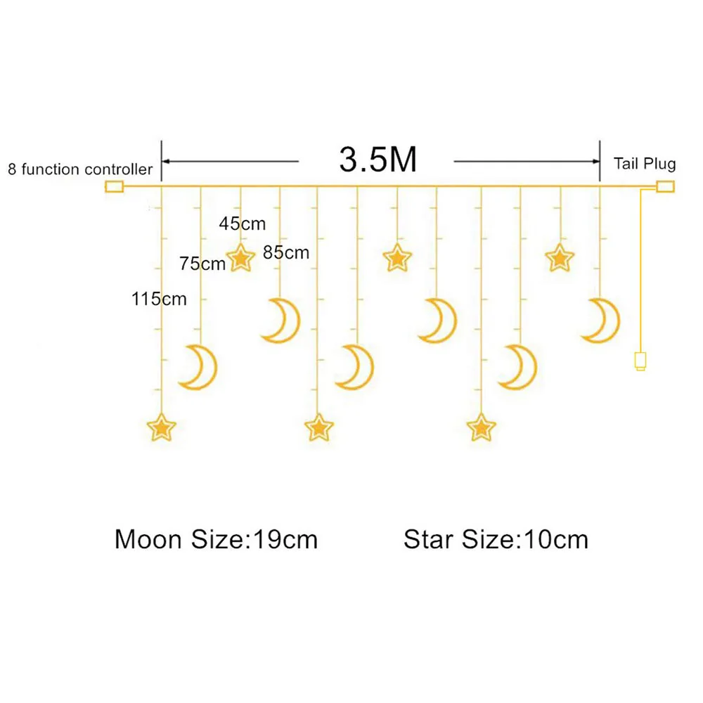 3.5M 138leds Star Moon Led Curtain String Light Christmas Ramadan Garland Light Romantic Holiday Lights For Wedding Party Decor