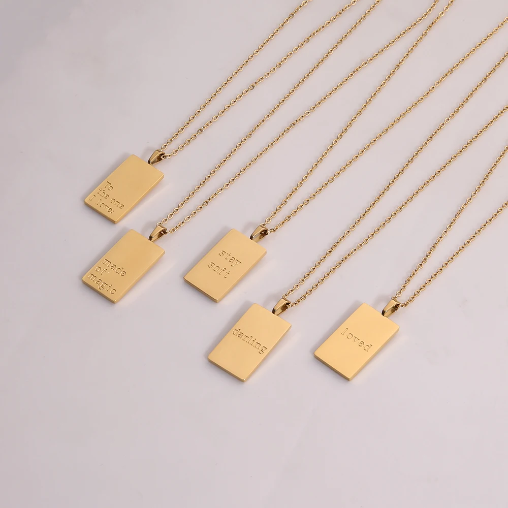 New Trend 316L Stainless Steel Inspirational Engraved Letters Square Pendant Beads Chain Necklace for Women Girls