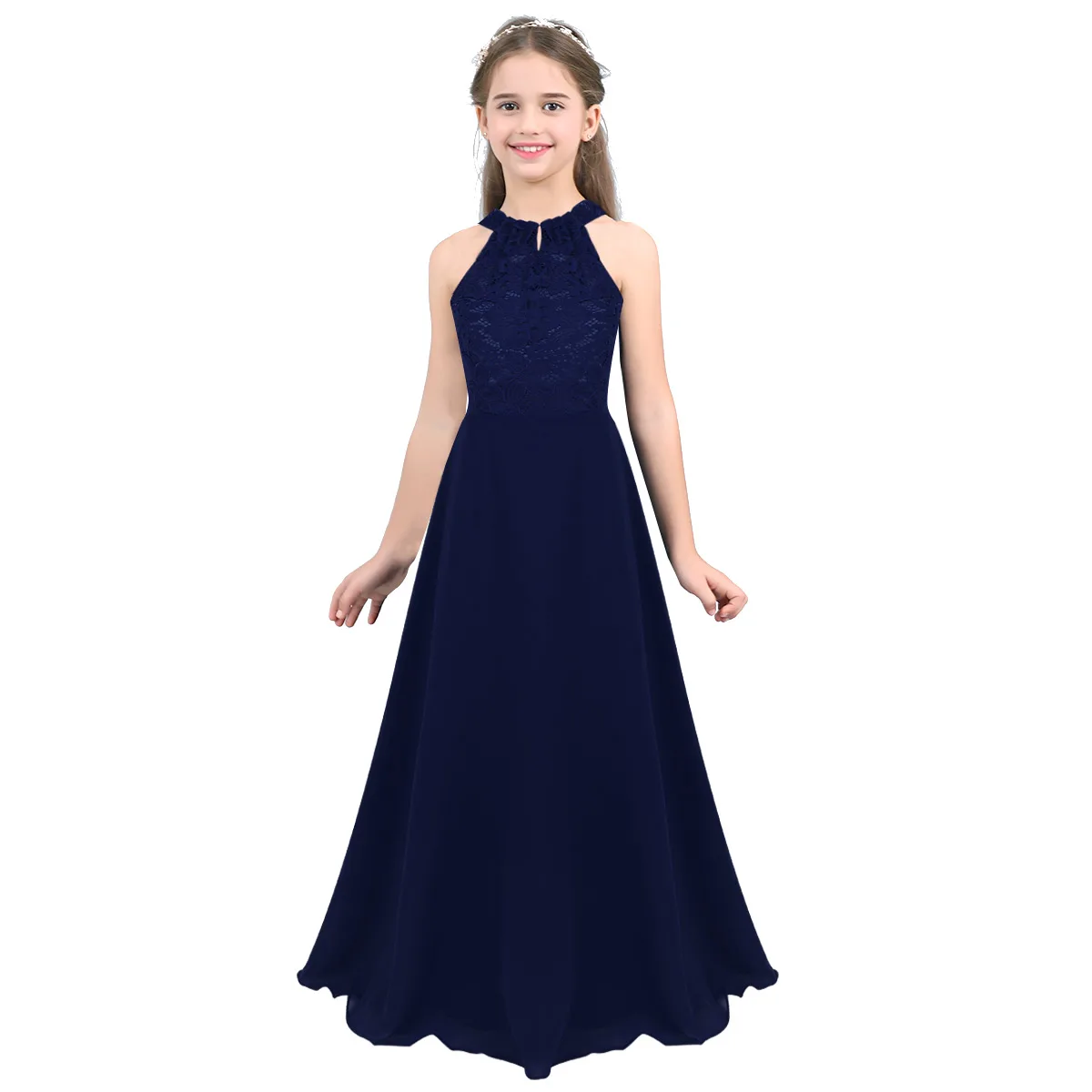 Zomer Mode Bloem Meisjes Jurk Bruiloft Verjaardag Party Kids Lange Jurk Vestido Elegante Halter Hals Bloemen Kant Prinses Jurk
