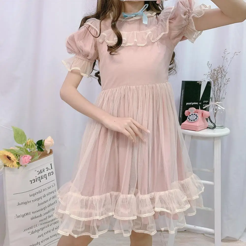 Lolita Kawaii Short Tulle Dress Women Girls Pink Princess Casual Cute Ruffle Puff Sleeve Fairy Vintage Party Mesh Dresses 2024