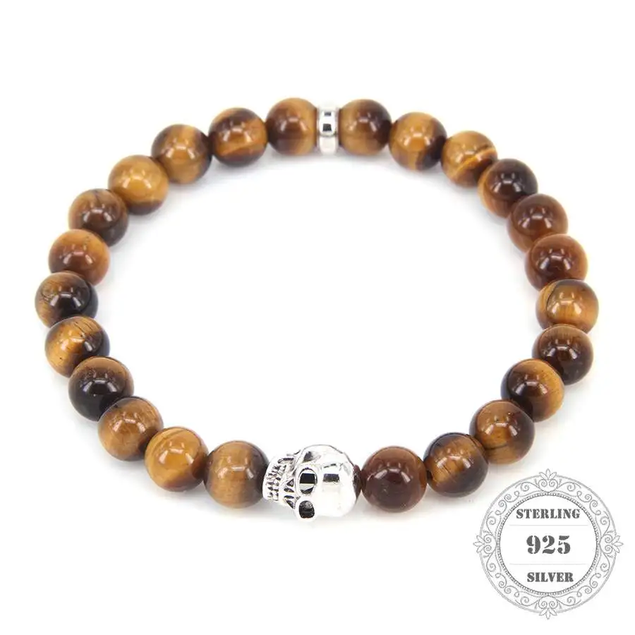 8MM Ts 5A Tigereye  Nature Stone Bracelet with 925 Sterling Silver Skull Bead 0.8CM Width, Women Men Fine Jewelry TS