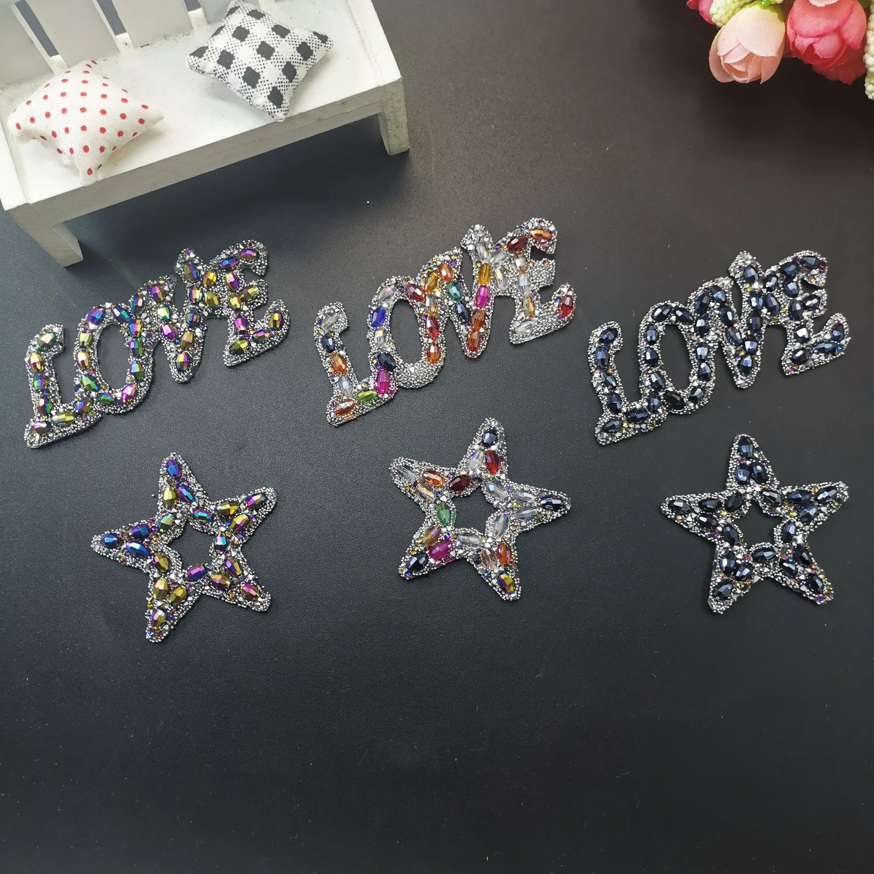 1pcs Rhinestones Beaded Iron On 3D Star Motif LOVE Letter patches Shining Badges For DIY Clothing Dress Jeans Appliques Decor