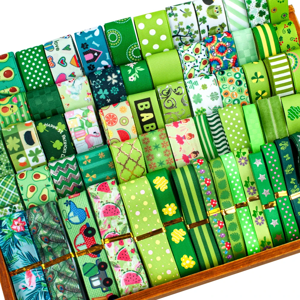 12yards Random Set Different Size Mixed Green Color/Valentine\'s Day Pattern Printed Grosgrain/Satin Ribbon, Each Is 1 Yard