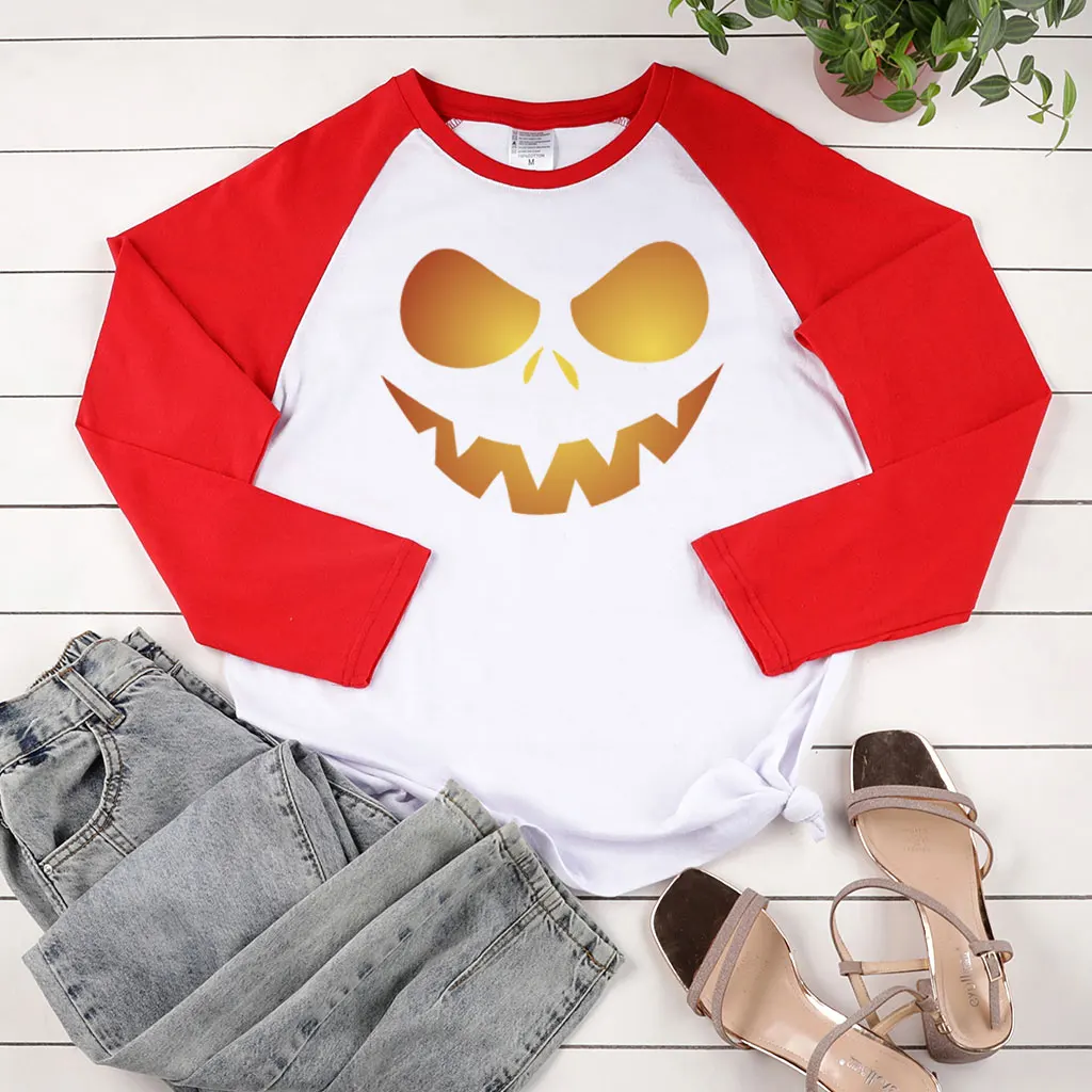 Women Autumn Winter Graphic T Shirts Streetwear Two-tone Stiching Clothing Pumpkin Emotions Print Halloween Long Sleeve T-shirts