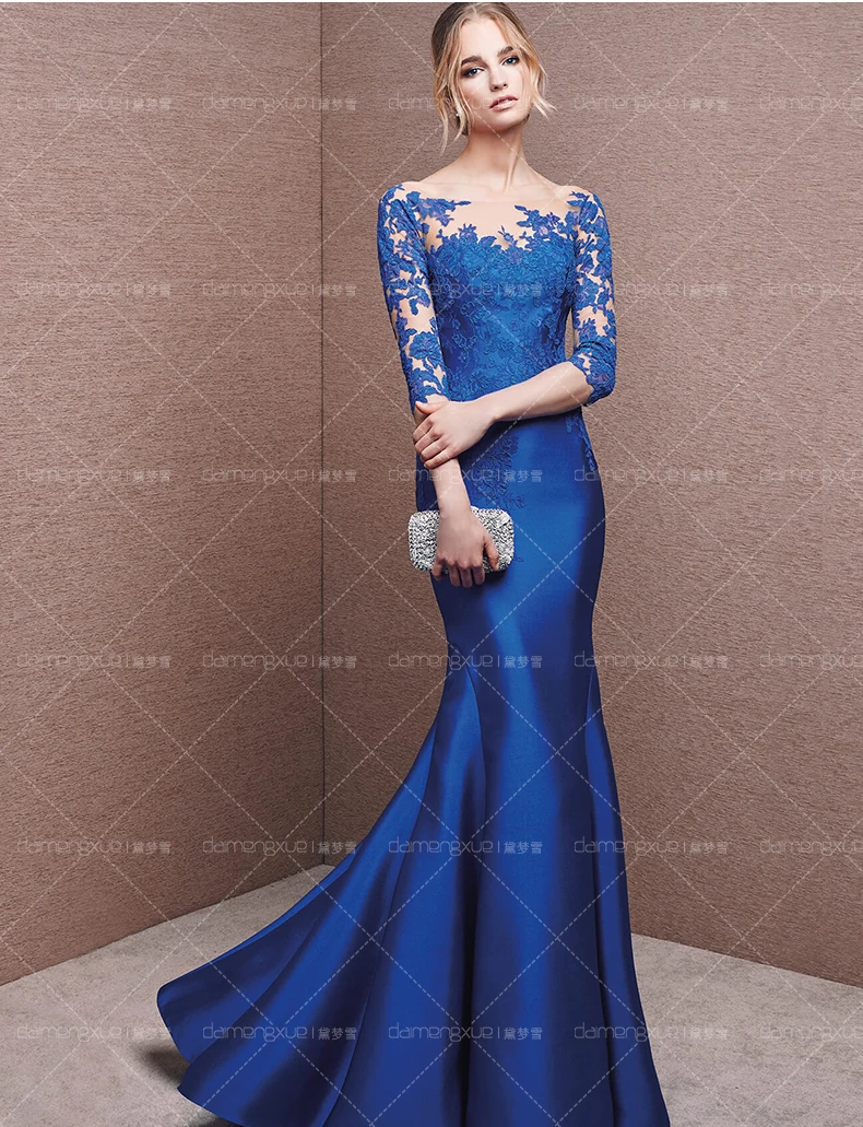 2019 Baru Perahu Leher Vestido De Festa Kustom Formal Gaun Biru Renda Appliques Putri Duyung dengan Setengah Lengan Ibu gaun Pengantin