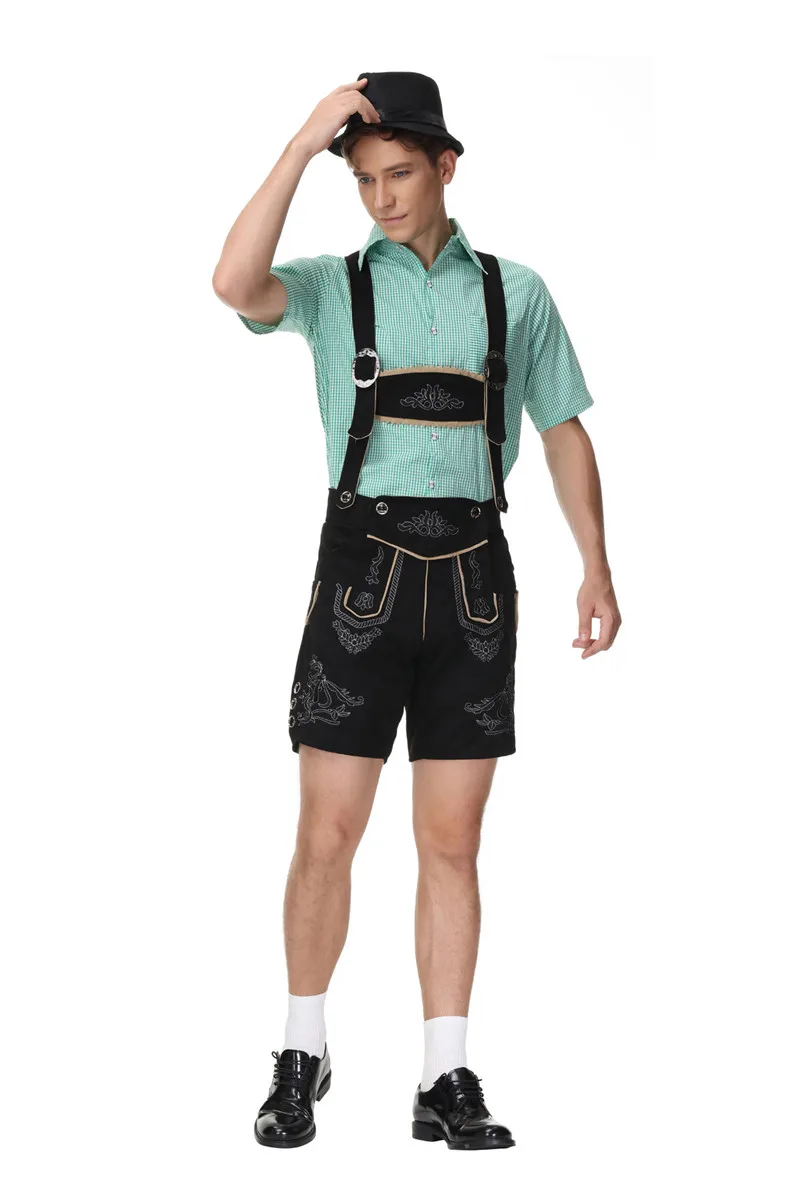 Heren Geruit Oktoberfest Lederhosen Kostuum Korte Mouw Shirt Bretels Hoed Set Bier Festival Mannelijke Cosplay Halloween