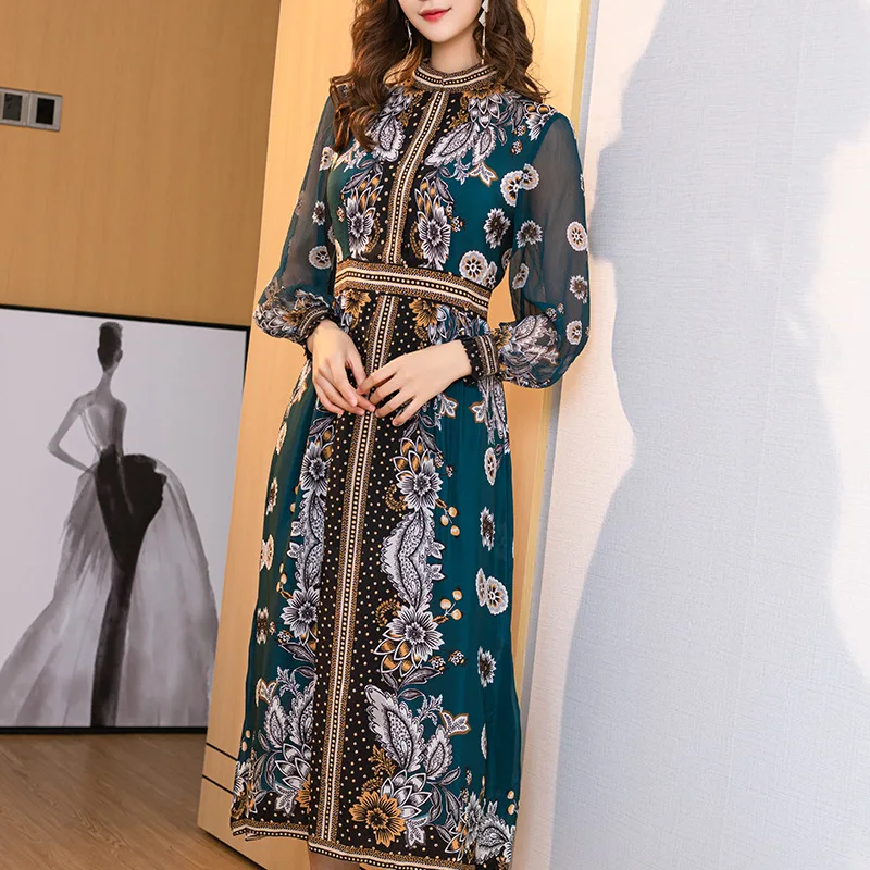 Silk 100% Summer Nature Dress 2020 Boho Floral Women Dress Vintage Korean Beach Style Maxi Spring Dress Robe De Soiree 20080-qmh