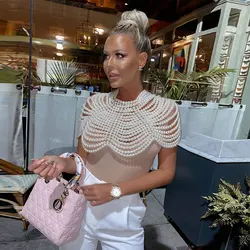 UpAvonu-Haut châle perlé pour femme, col rond, manches Everak, haut élégant, nouvelle mode, 2023