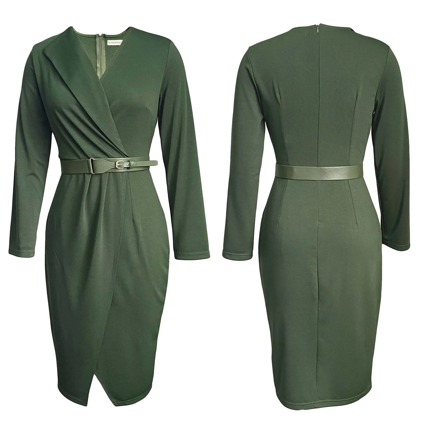 Women's plus Size Dress with Belt Fashion Long Sleeve Solid Color for Professional Office