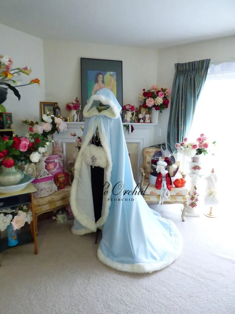 PEORCHID Light Blue Ivory Faux Fur Victorian Cape Long Warm Satin With Hooded Customized Wedding Cloak Bridal Winter Women Shawl