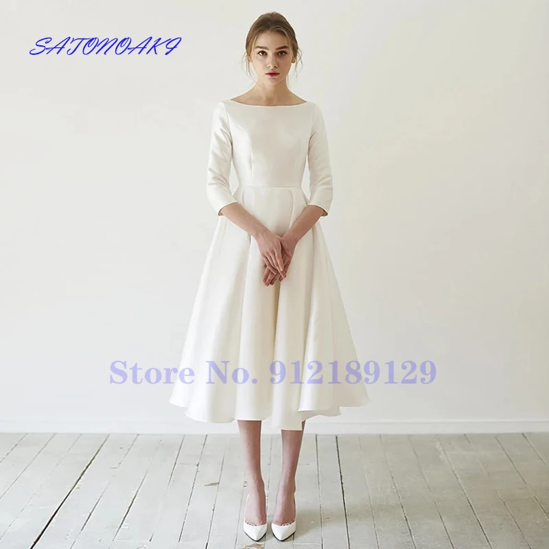 

Vestido De Novia New Simple Ivory Satin Wedding Dresses Tea Length With Sleeve A-Line Bridal Gown Robe Mariée France Online Shop