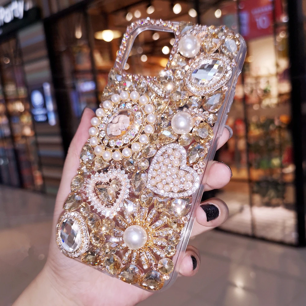 Bling Gold Crystal Pearl Diamond Gem Flower Case Cover For iPhone 15 14 13 12 Mini 11 Pro XS Max XR X 8 7 Plus SE Handmade Case