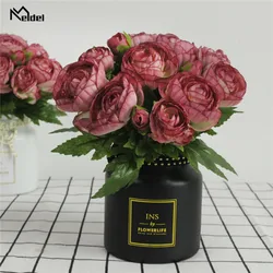 Meldel 10 Heads Burgundy Artificial Tea Rose Flower Bridal Bouquet Wedding Decoration Fake Mini Rose Silk Flower Home Table Vase