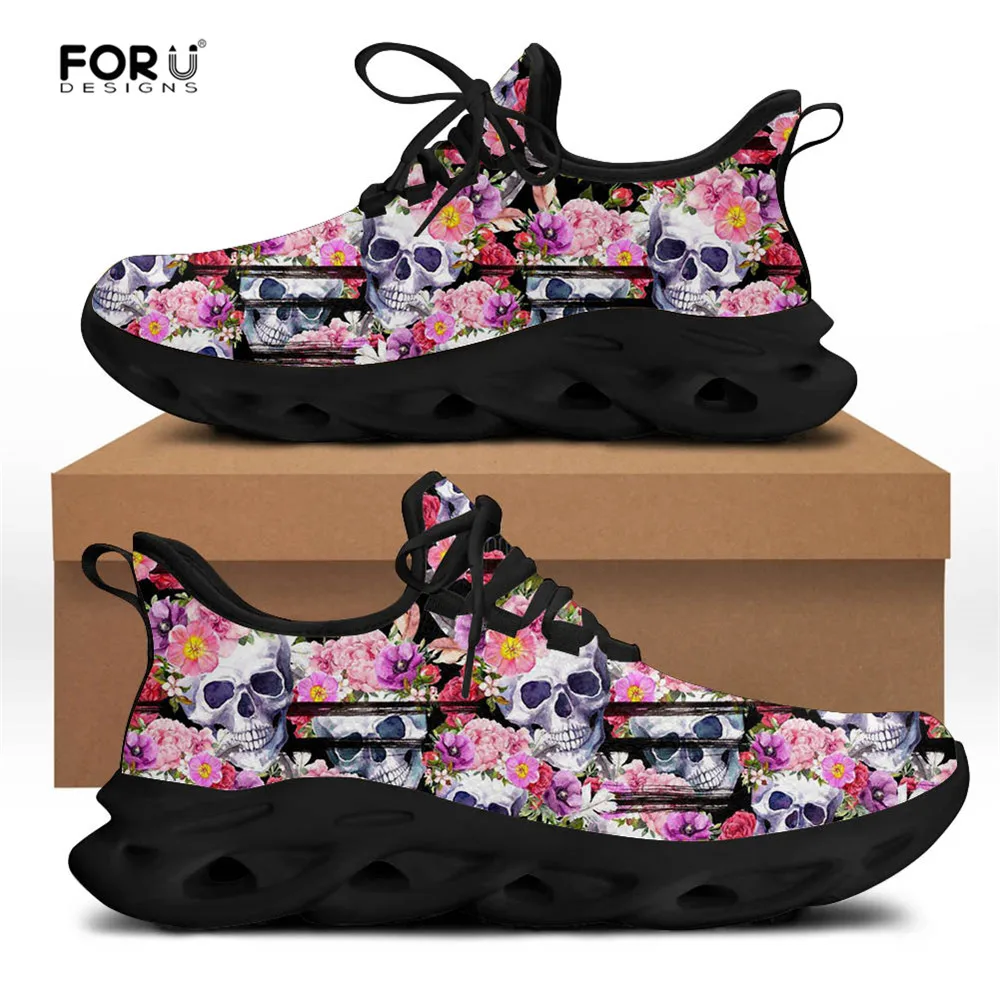 

FORUDESIGNS Skull with Flower Design Pattern Fashion Men Casual Shoes Lace Up Comfort Breath Walking Flats Shoes for Teen Boys