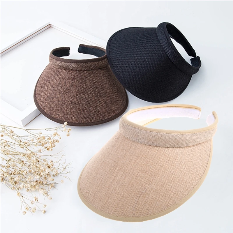 Women Ladies Summer Weave Straw Empty Top Beach Cap Clip-On Solid Color Large Wide Brim UV Protection Breathable Sun Visor Hat