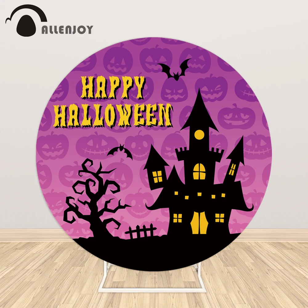 

Allenjoy Halloween Pumpkin Lantern Purple Round Backdrop Castle Bat Child Birthday Party Circle Background Candy Tablecover