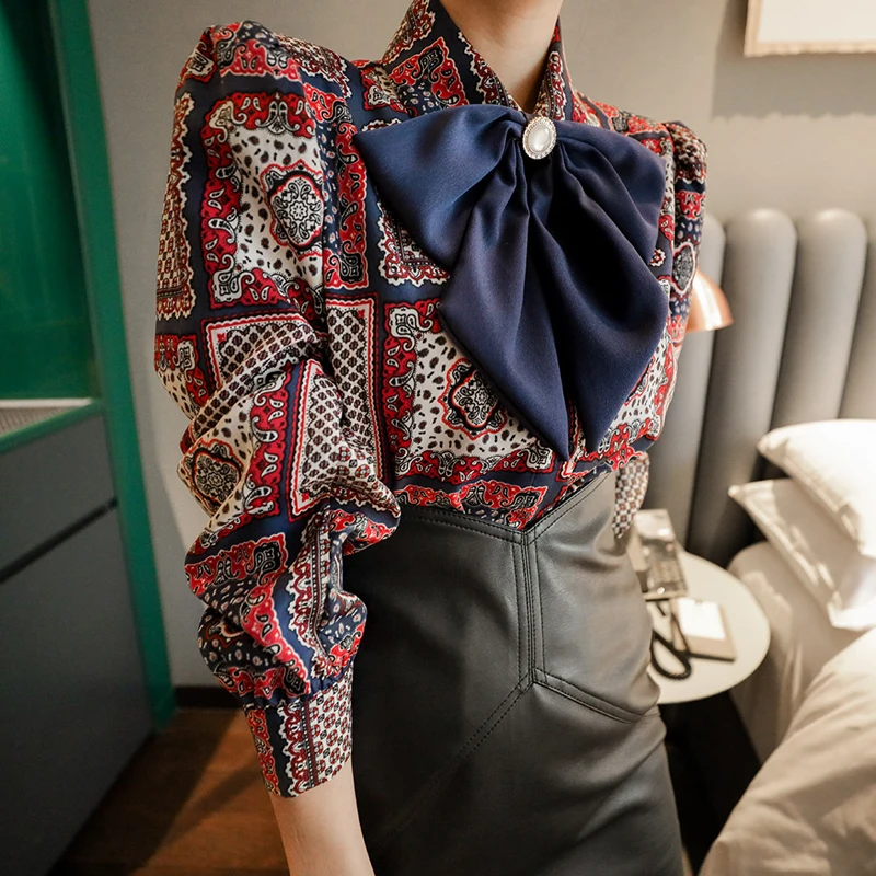 JSXDHK Elegant Women Big Bow Chiffon Blouses Vintage Spring Summer Flower Printed Lantern Sleeve Female Office OL Shirt Tops