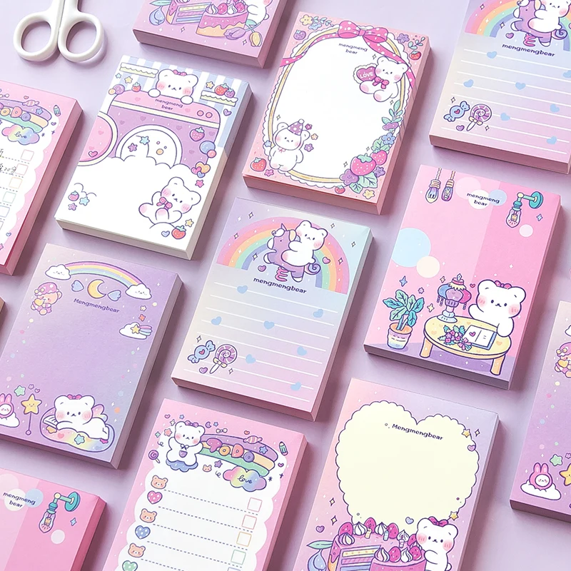 100 pcs kawaii Cartoon rainbow bear Memo Pad Message Notes Decorative Notepad Note paper Memo Stationery Office Supplies