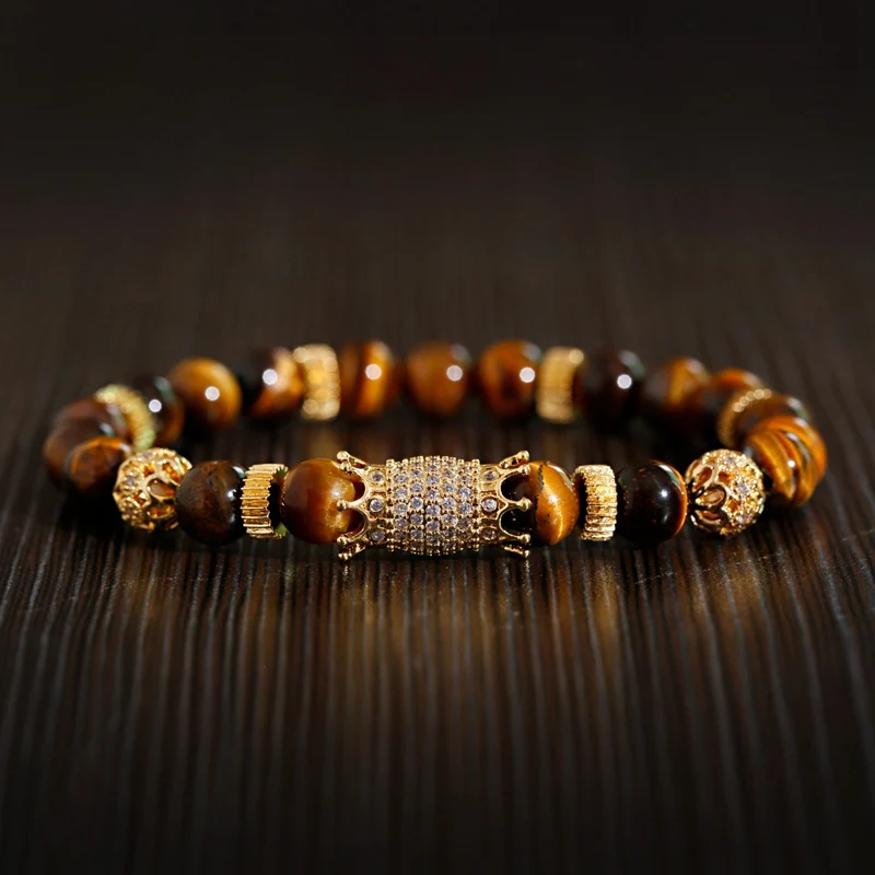 Luxury Classic Crown Bracelet Homme Charm Bracelet For Men Jewelry Tiger Eye Stone Beaded Fasion Jewellery