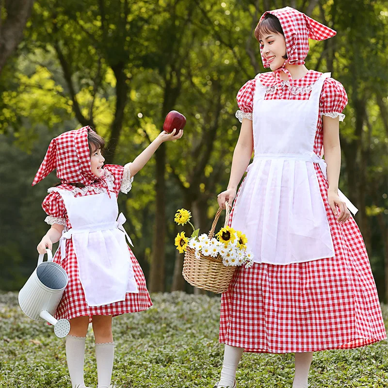 Meninas Querida País Fazenda Xadrez Maid Vestido Chapeuzinho Vermelho Traje Cosplay Francês Manor Maid Gardener Outfit