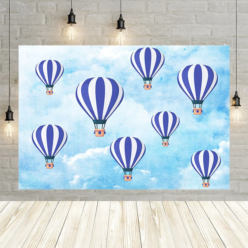 Mehofond-Fondo de fotografía con globo de aire caliente, telón de fondo con rayas azules, nubes, fiesta de cumpleaños, Baby Shower