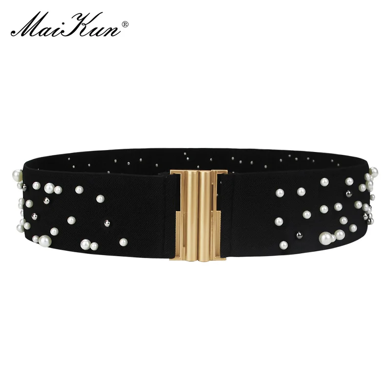 Maikun Elastic Wide Belts for Women Fashion Metal Buckle Luxury Designer Pearl Decoration Female Cummerbund