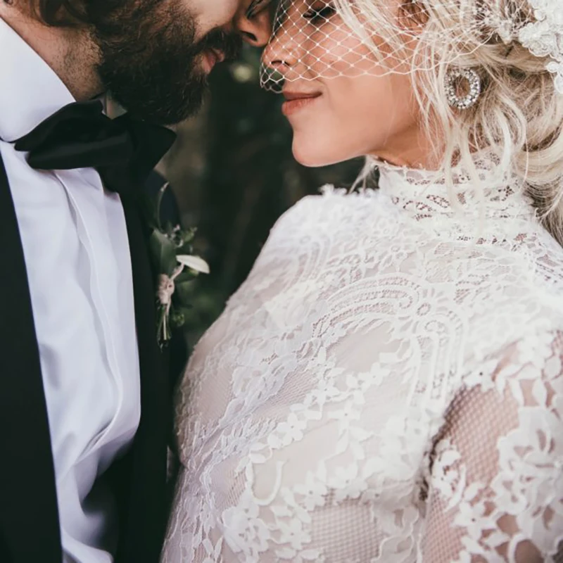 Vestido de novia de encaje musulmán, prenda de cuello alto con mangas largas ajustadas y espalda descubierta, estilo rústico, Maxi, estilo sirena del bosque