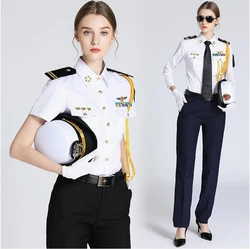 Camicia da pilota uniforme da capitano femminile Camicia da donna di mare Giacca da spettacolo a maniche lunghe corte Camicia uniforme di sicurezza da marinaio + accessori