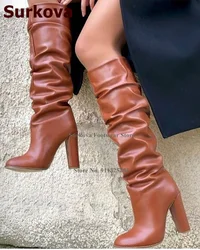 Surkova Brown Matte Leather Chunky Heel Knee Boots Pleated Slouch Dress Boots Women Fall Winter Ourdoor Shoes Size46