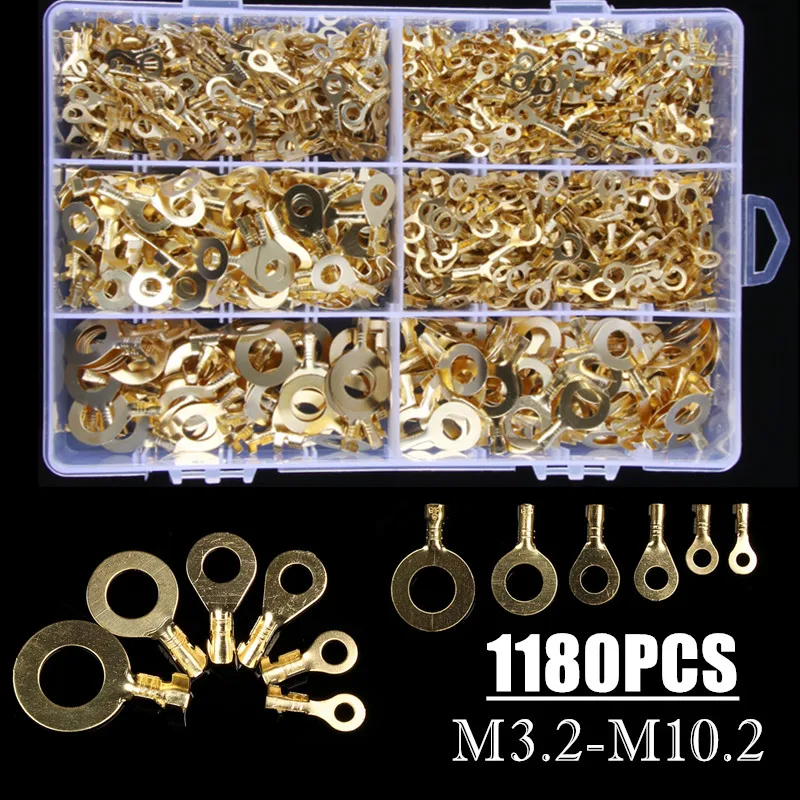 

1180Pcs M3/M4/M5/M6/M8/M10 Ring Lugs Ring Eyes Copper Crimp Terminals Cable Lug Wire Connector Non-insulated Assortment Kit