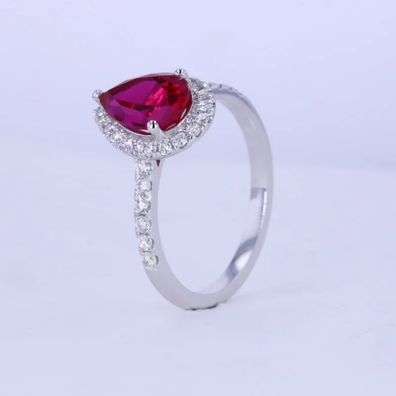 10K Soild White Gold Fashion Jewelry 6*9mm Pear Lab Grown Ruby & Lab Grown Diamond Ring Jewelry For Girl Anniversary Gift Women