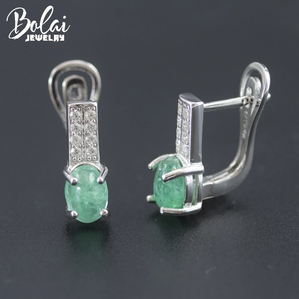 

Bolai 1.5ct Natural Emerald Clasp Stud Earrings Solid 925 Sterling Silver Precious Gemstone Fine Jewelry for Women Wedding Gift