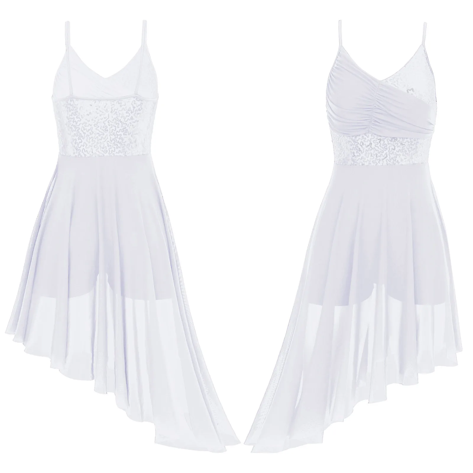 Women's Sparkly Sequin Contemporary Dance Dress Asymmetrical Hem with V-Neck Spaghetti Straps for Ballet Latin Dance Performance