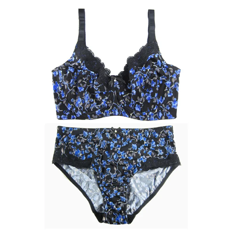 New Women\'s Full Cup Bra Set Push Up Sexy Lace Bra Cotton Briefs Sets Underwear Minimizer Bra Unlined Big Size 36D-46G