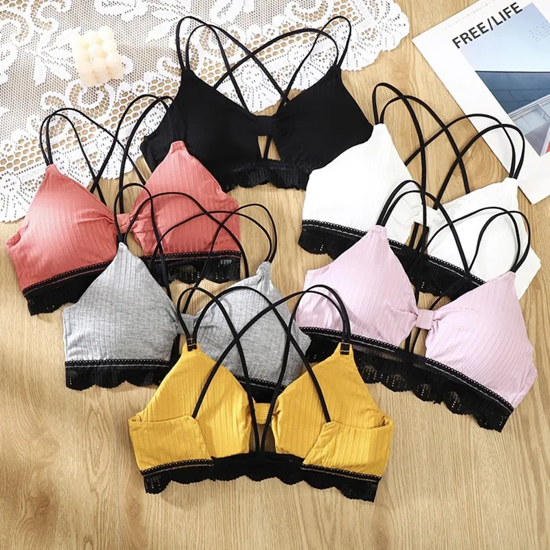 Women Lace Bra Push Up Wireless Bralette Female Sexy Underwear Cross Straps Beauty Back Lingerie Removable Pads Bralette