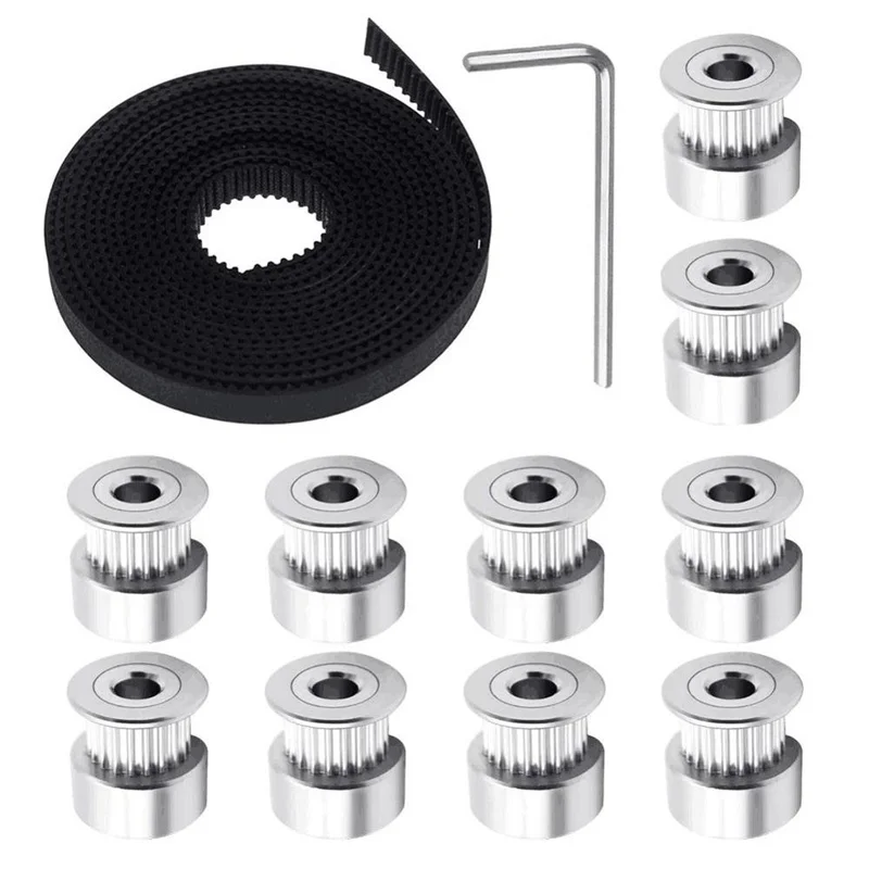 GT2 Timing Belt Pulley 10pcs 5mm 20 Teeth Timing Pulley Wheel and GT2 5 Meters Rubber 2mm Pitch 6mm Wide Timing Belt with Allen