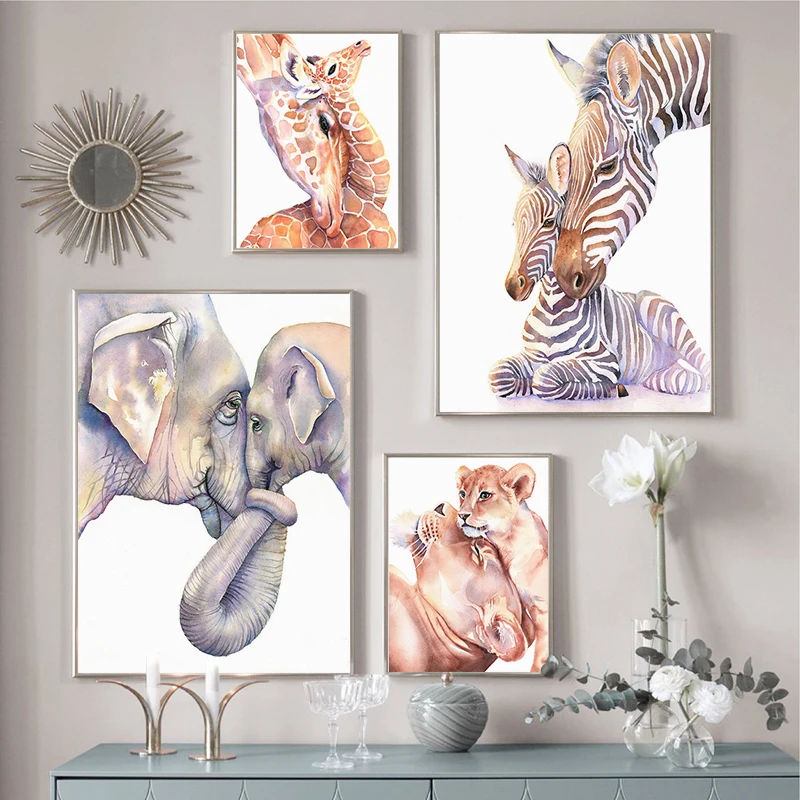 Maternal Love Wall Art Poster Animals Mom and Kids Canvas Painting Family Nordic Cuadros Wall Picture Decor Living Room Painting