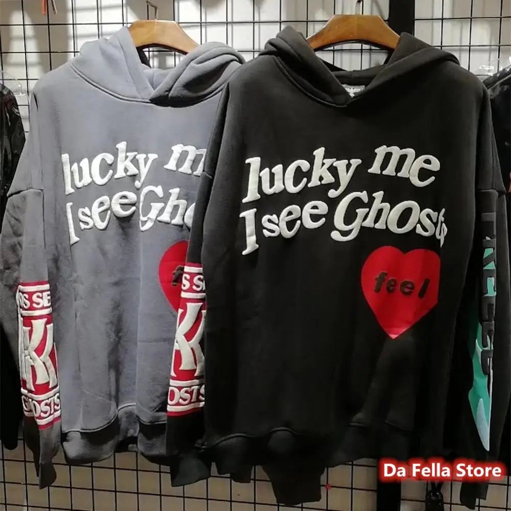 Kanye West Hoodies Lucky me i see ghosts Hoodie Red Heart Feel Logo Sweatshirts Kids see ghosts Pullover Men Women Foam print 3D