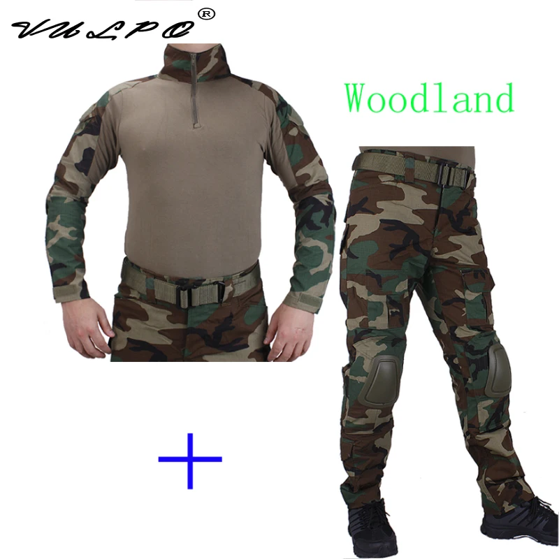 VULPO Hunting Camouflage BDU Woodland Combat Uniform Shirt Met Broek En Elbow & KneePads Militaire Ghilliekostuum Jacht