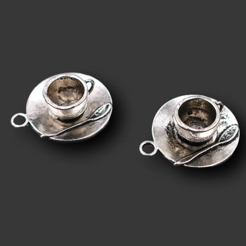 6pcs Silver Plated 3D Coffee Cup & Spoon Pendants Retro Necklace Bracelet Accessories DIY Charms For Jewelry Crafts Making A2340